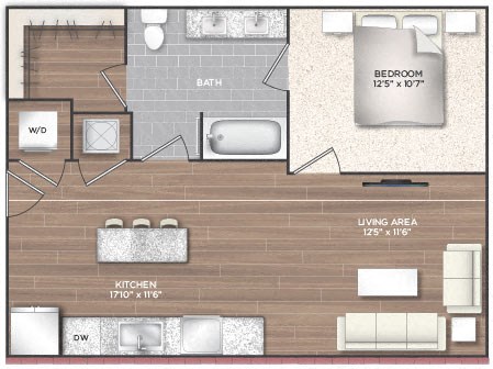 Floor plan for 1 bed, 1 bath, 765 sqft